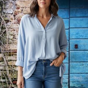 Risen Light Blue Button-Up High Low Tunic